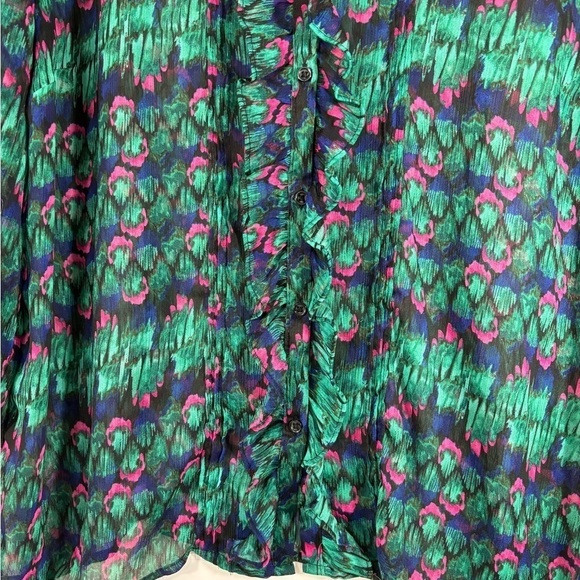 3/4 sleeve teal green & hot pink print blouse with ruffle around neck and front - Picture 4 of 6